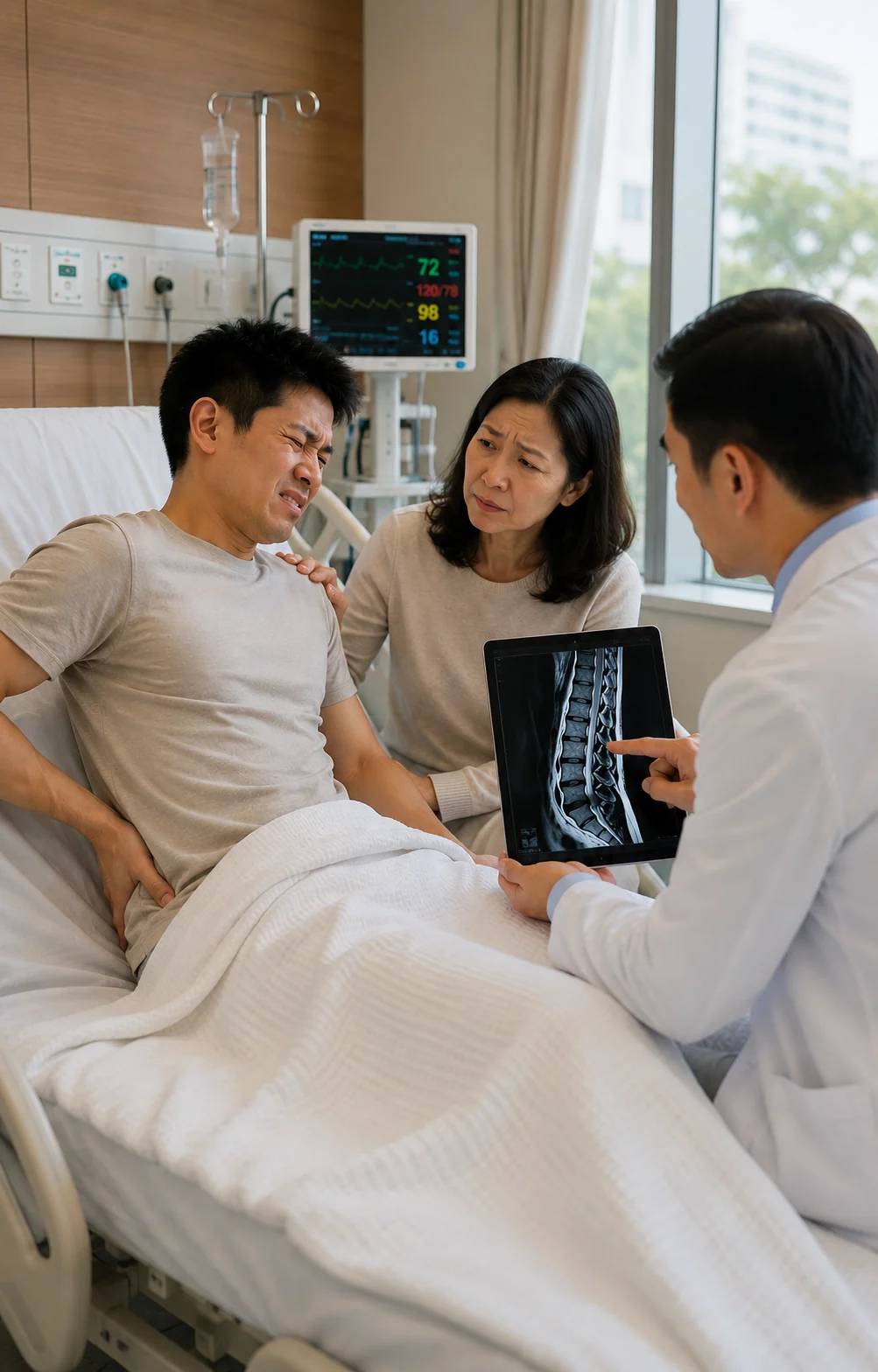 Patient discussing a slipped-disc diagnosis and treatment with a hospital doctor